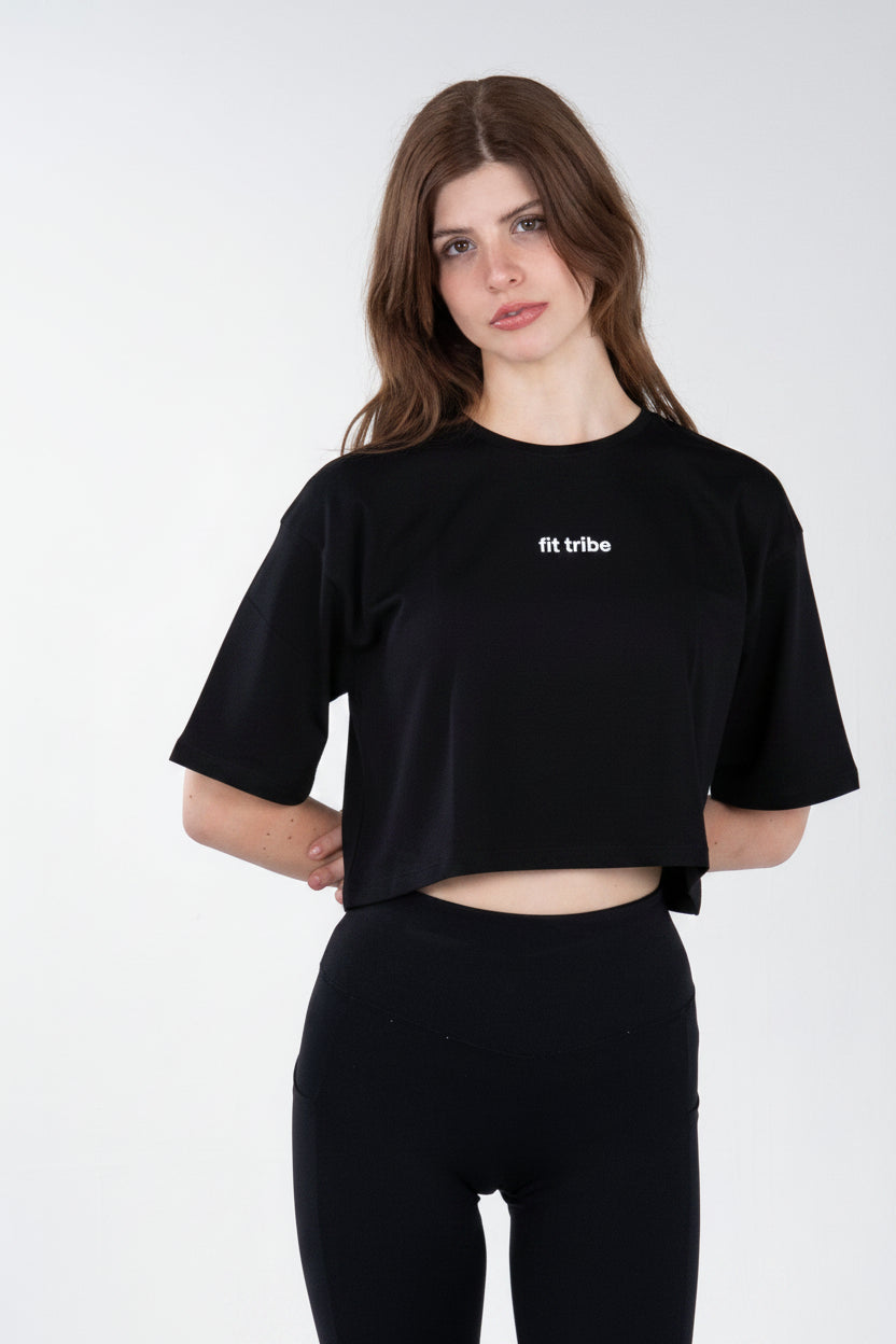 CLOUD COTTON OVERSIZED CROP TOP - Black - FIT TRIBE