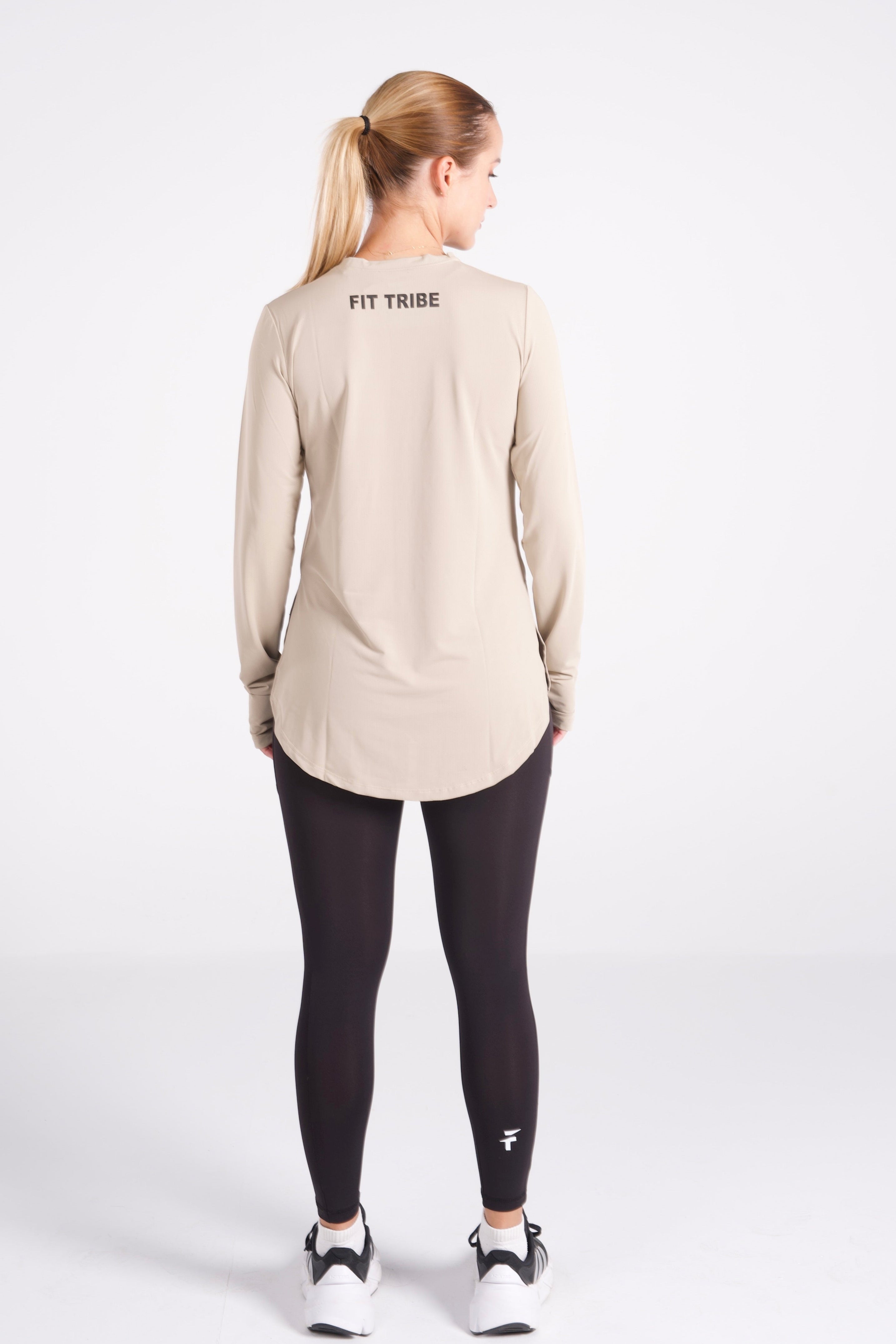 ESSENTIAL EXTENDED LONG SLEEVE TOP - Beige - FIT TRIBE
