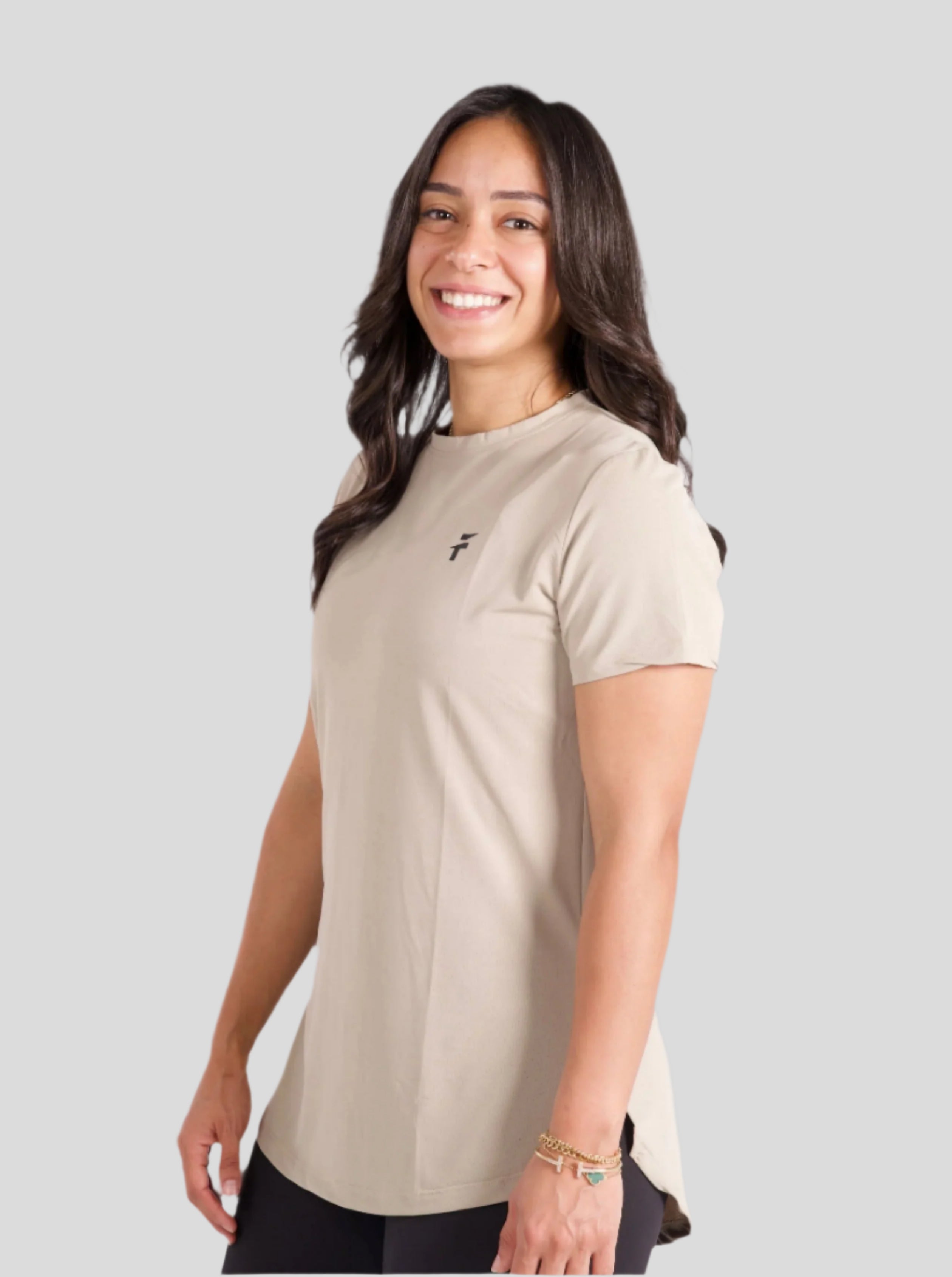 ESSENTIAL EXTENDED SHORT SLEEVE TOP - Beige - FIT TRIBE