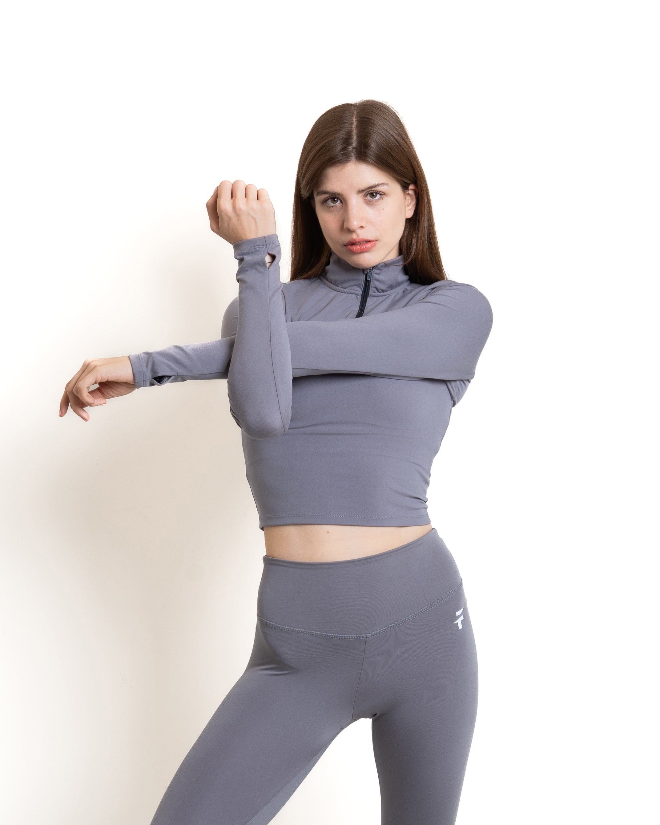 ULTRA SOFT ESSENTIAL ZIP-UP BODY FIT TOP - Stone Grey