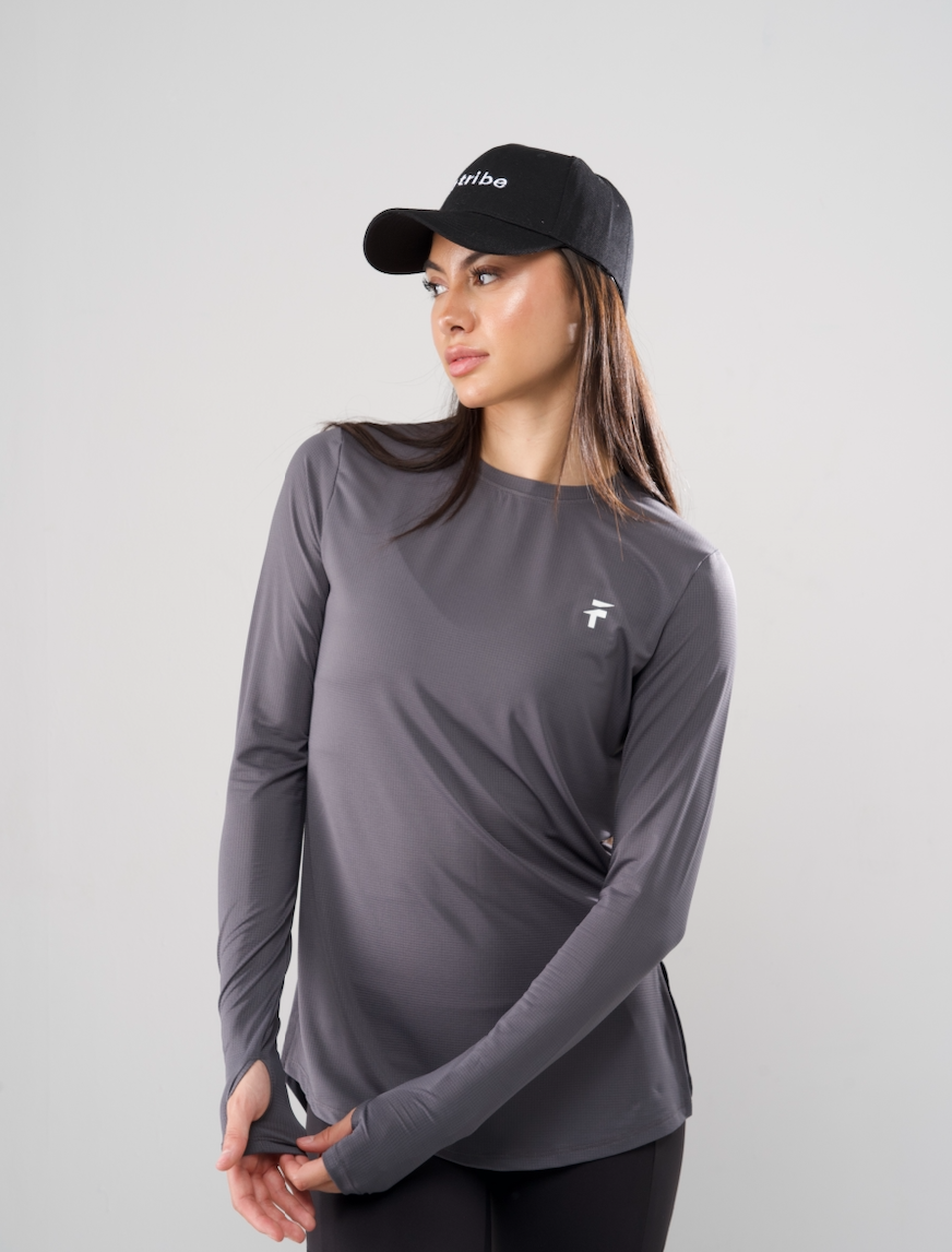 PERFORMANCE EXTENDED LONG SLEEVE TOP - Midnight Grey - FIT TRIBE