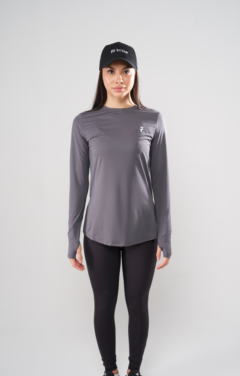 PERFORMANCE EXTENDED LONG SLEEVE TOP - Midnight Grey - FIT TRIBE