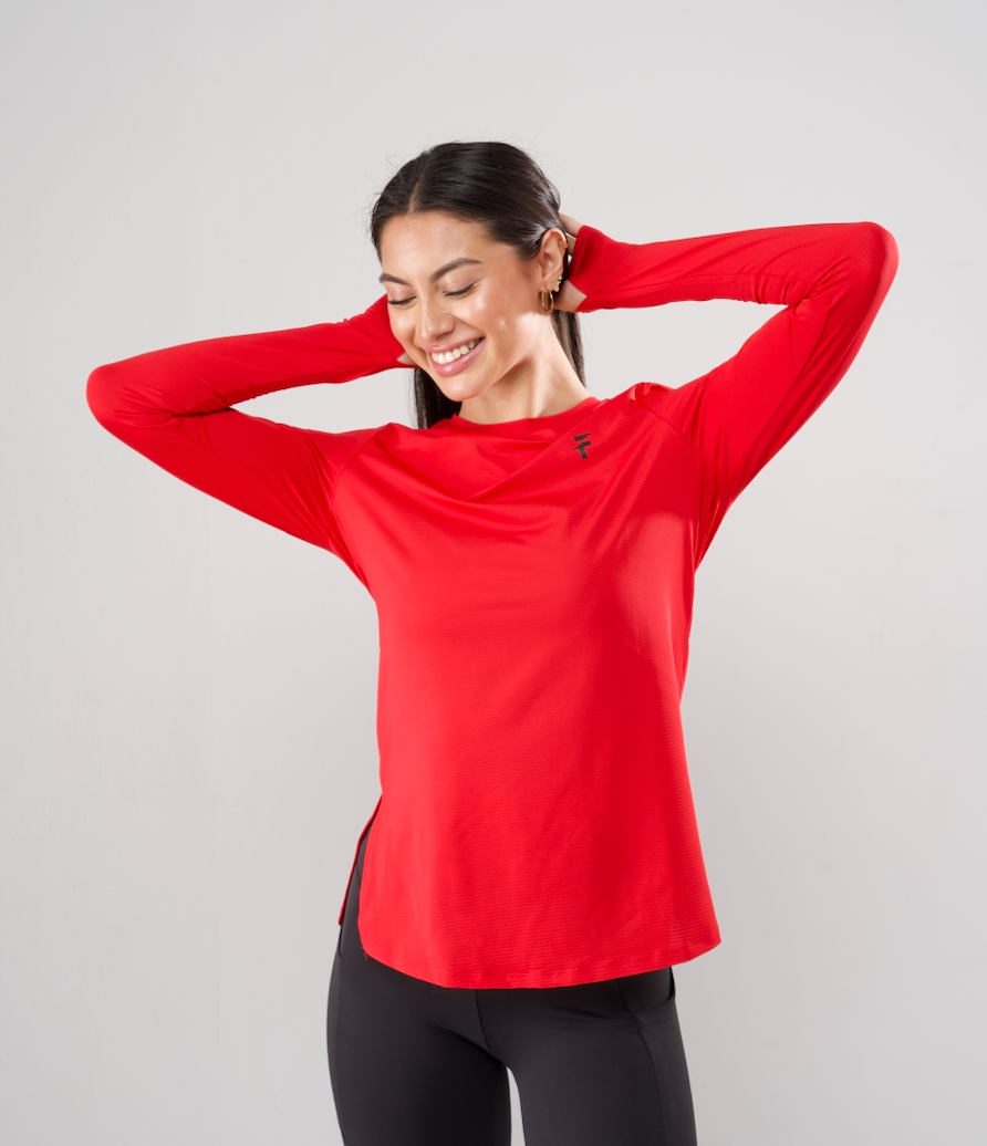 PERFORMANCE EXTENDED LONG SLEEVE TOP - Red - FIT TRIBE