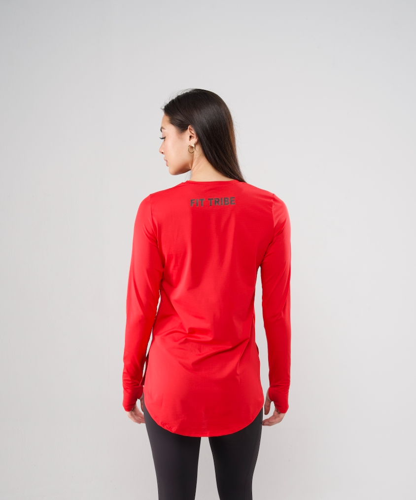 PERFORMANCE EXTENDED LONG SLEEVE TOP - Red - FIT TRIBE