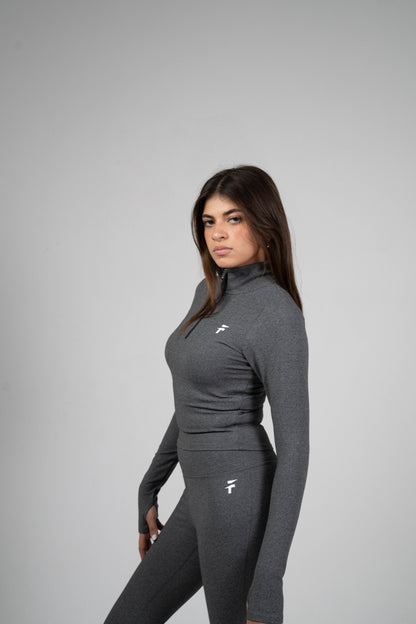 ULTRA SOFT ESSENTIAL ZIPPER BODY FIT TOP - Light Charcoal