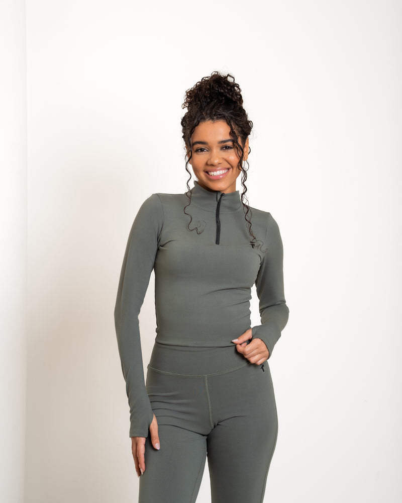 Ultra Soft Essential Zip-Up Body Fit Top - Army Green