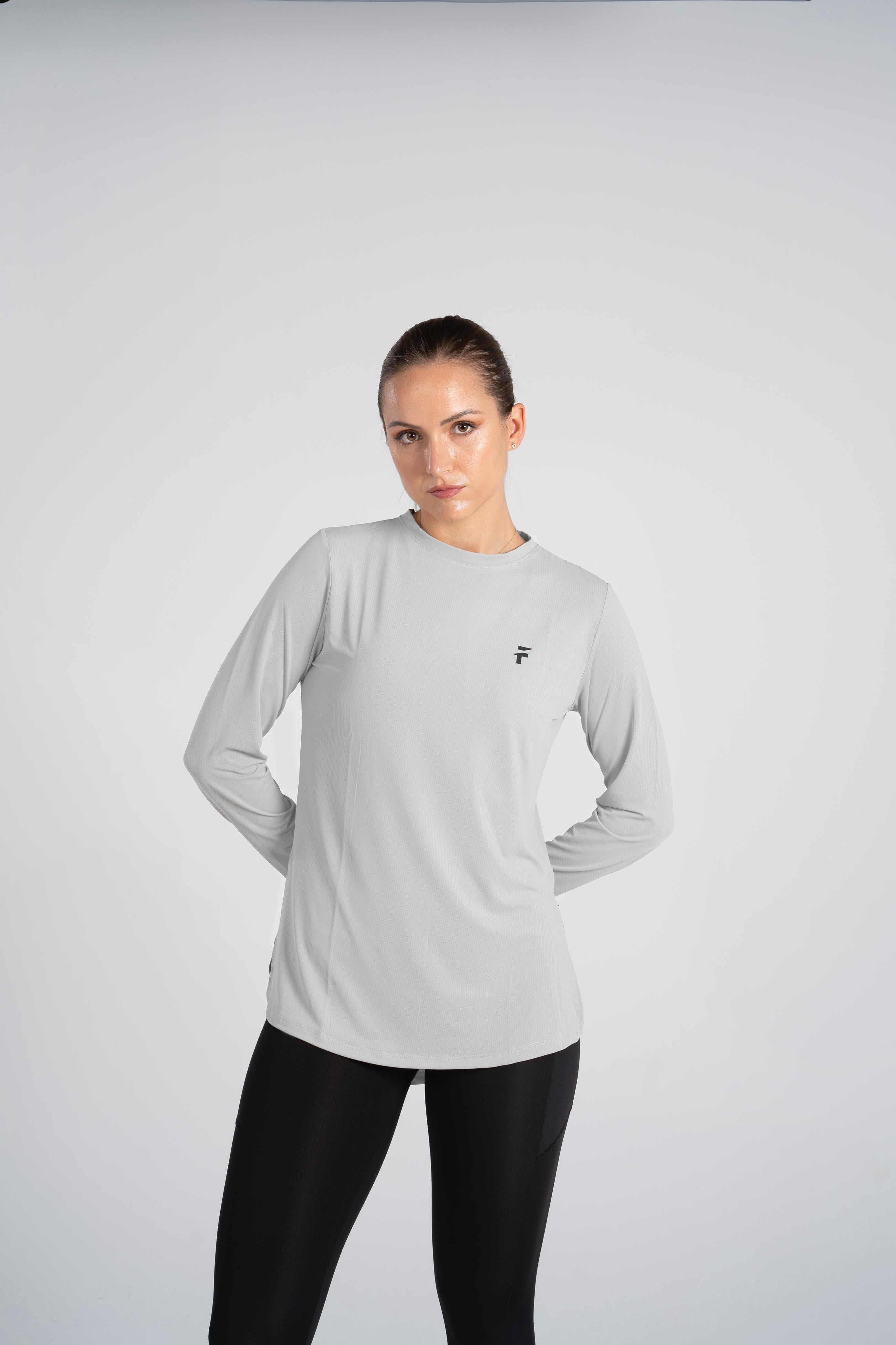 ESSENTIAL EXTENDED LONG SLEEVE TOP  - Light Grey - FIT TRIBE
