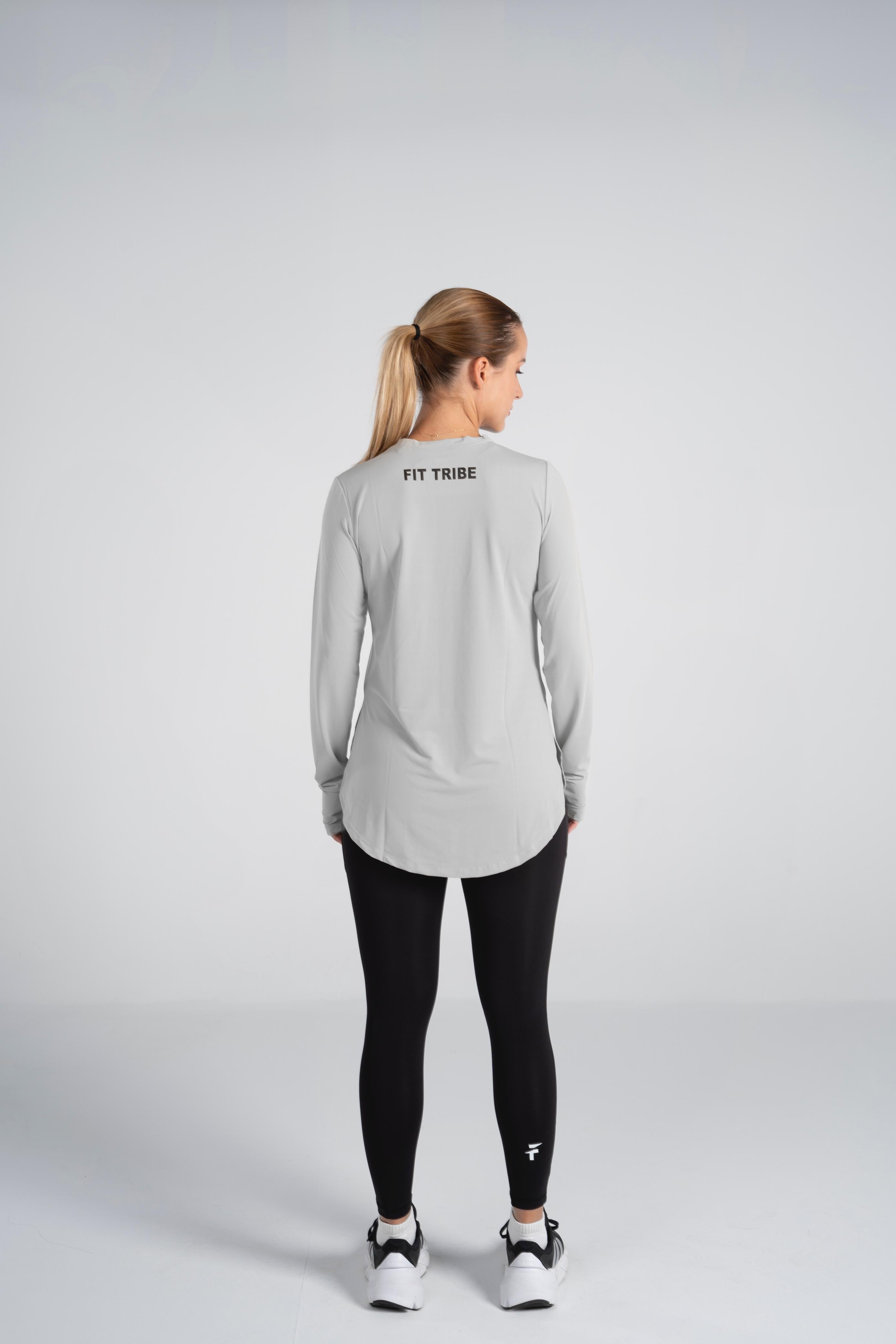 ESSENTIAL EXTENDED LONG SLEEVE TOP  - Light Grey - FIT TRIBE