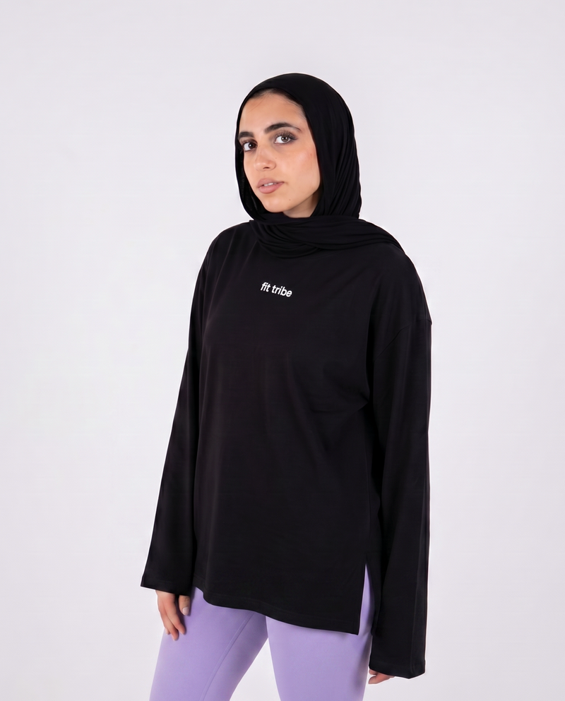 Cloud Cotton Oversized Long Sleeve Slit Top - Black