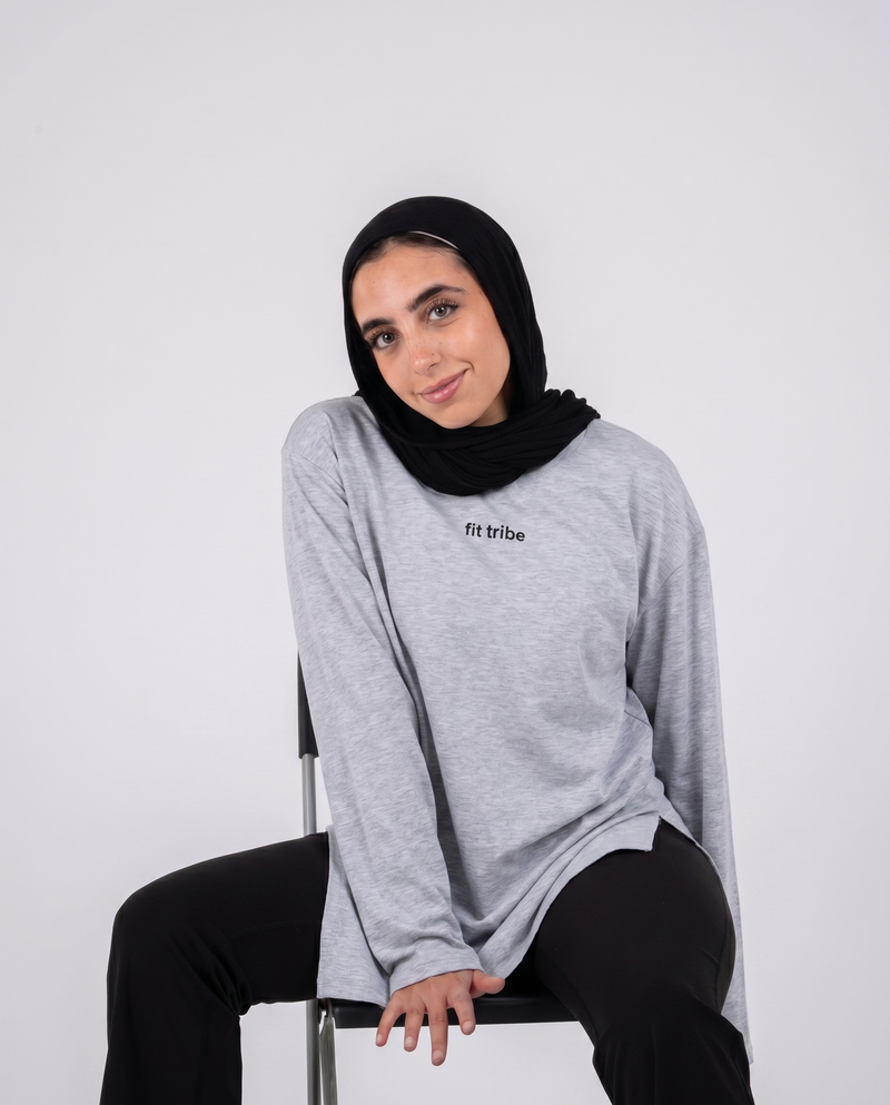 Cloud Cotton Oversized Long Sleeve Slit Top - Heather Grey