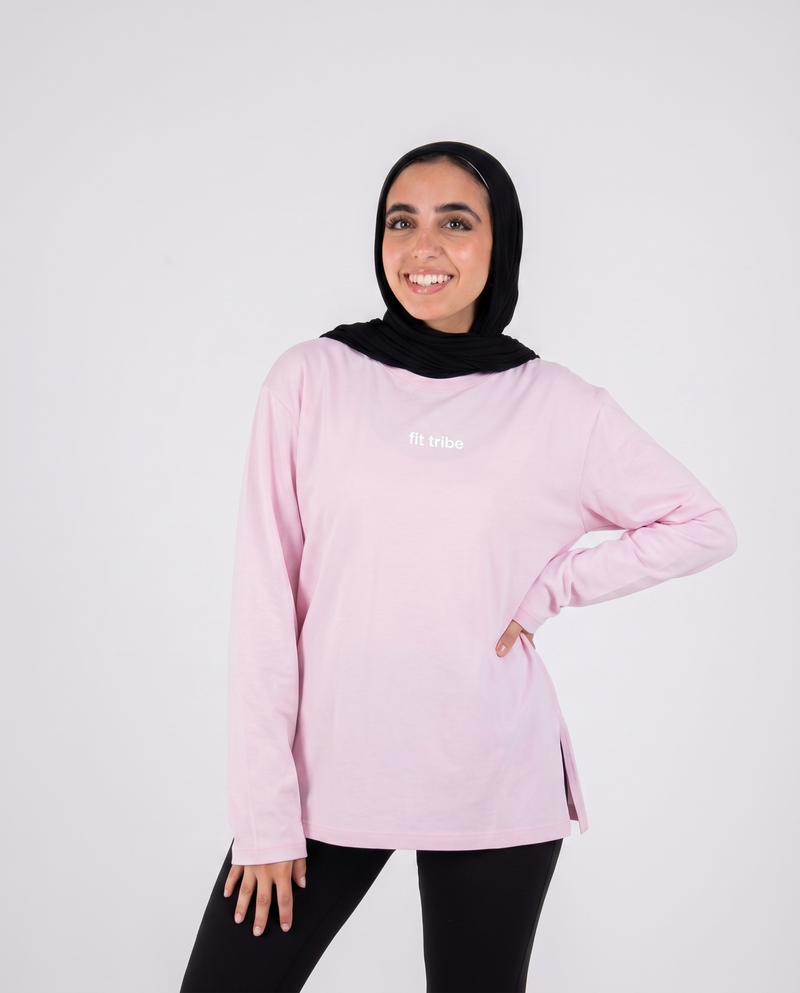 Cloud Cotton Oversized Long Sleeve Slit Top - Baby Pink