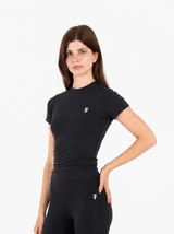 Black longline top - 3/4 side angle with chest logo