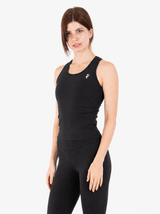 Black longline tank - 3/4 side angle with chest logo